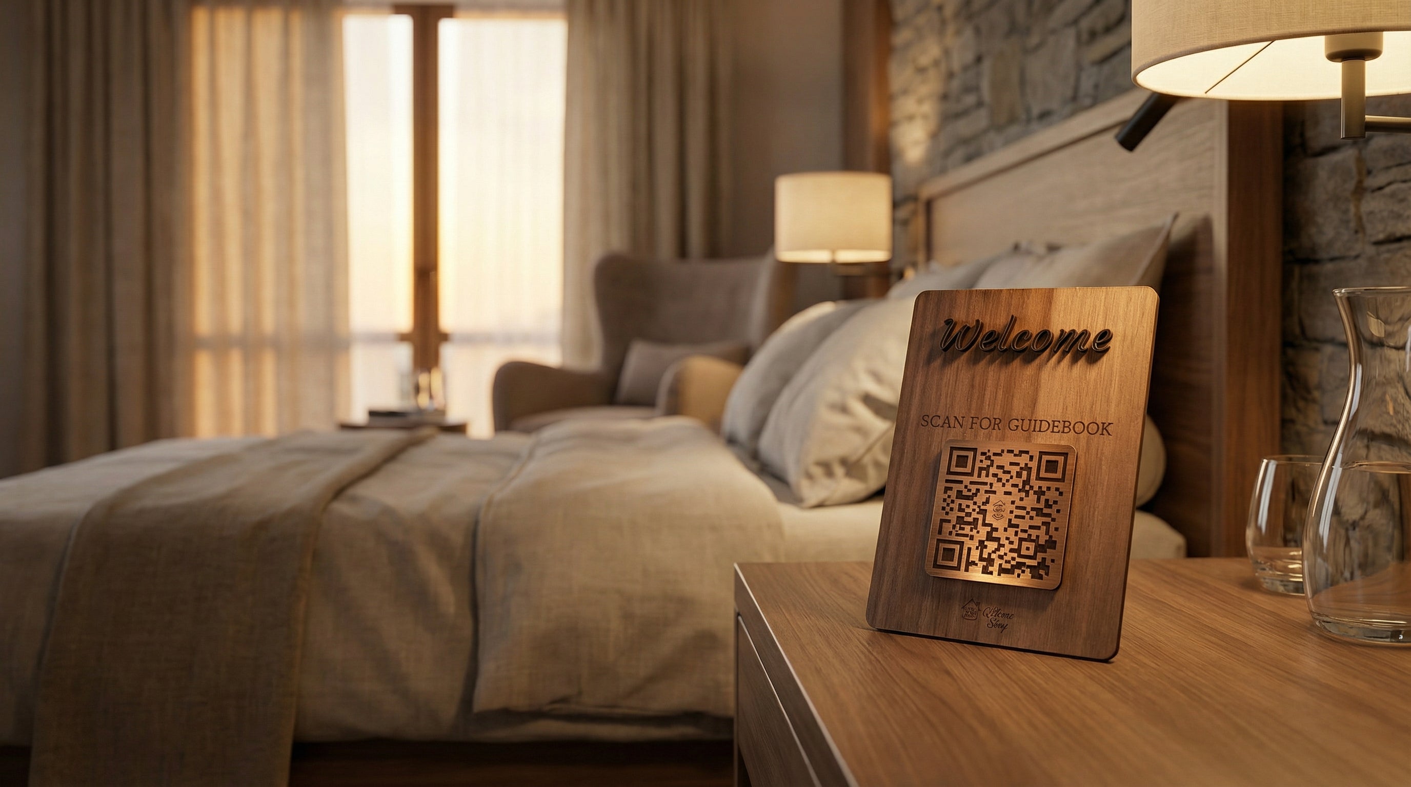 QR-bricka i trä & akryl med NFC – Digital gästinformation för hotell & Airbnb
