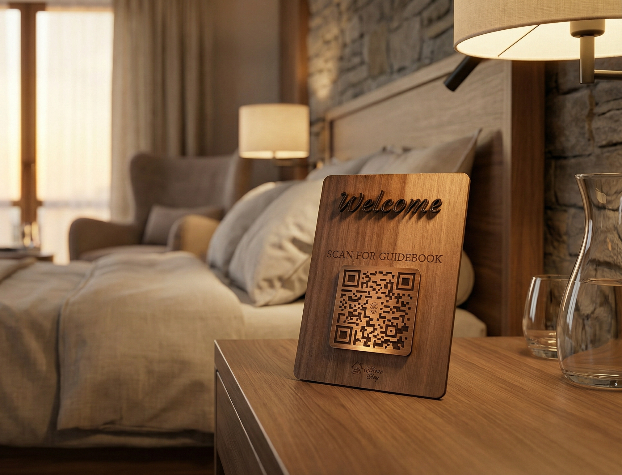 QR-kod på sängbord i hotellrum – digital gästbok med QRiousStay för Airbnb och hotellgäster