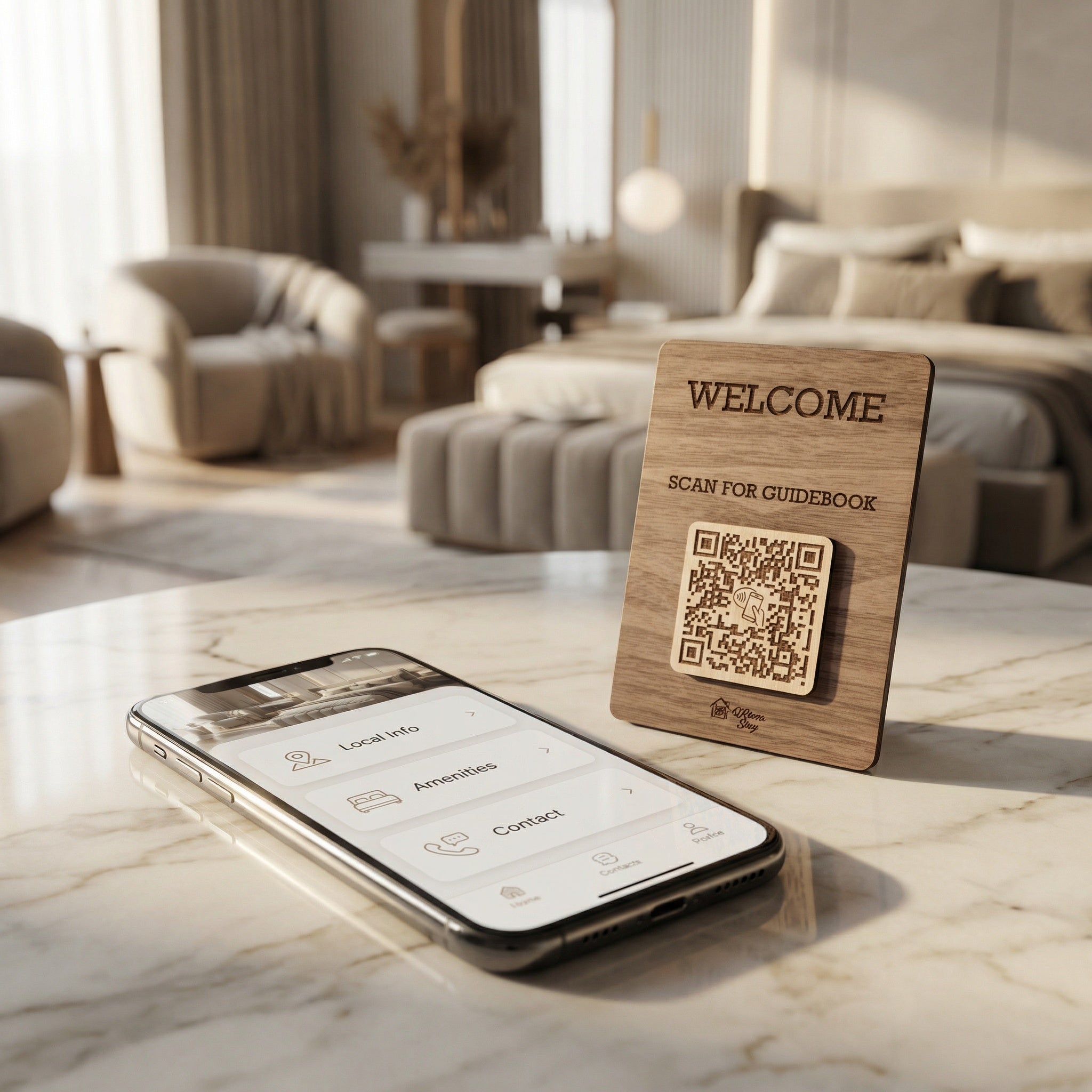 QR-bricka med NFC för hotellgästernas WiFi och information tillsammans med mobiltelefon